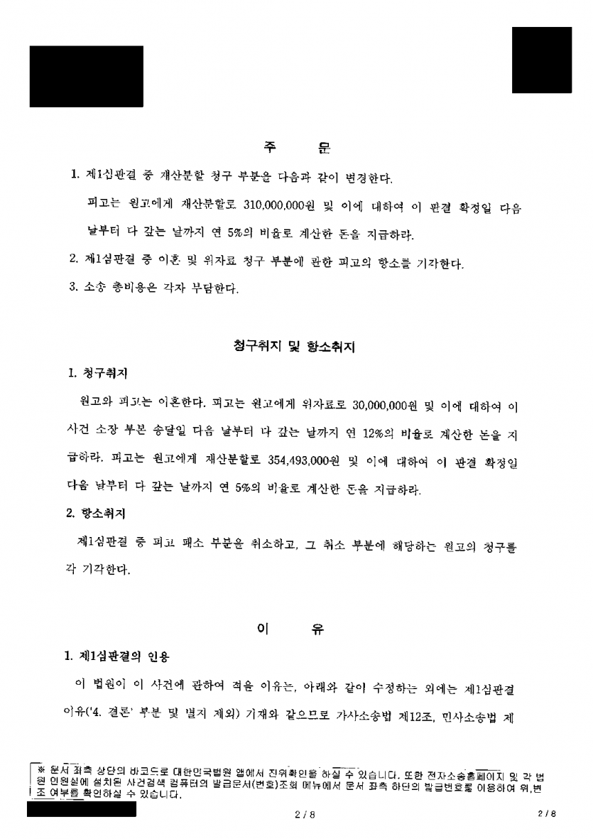 이혼 판결에 남편이 항소했다면 — 항소심에서 이혼·위자료 1심 그대로 유지, 재산분할 3억 1,000만원 — 결과 문서(개인정보 가림)