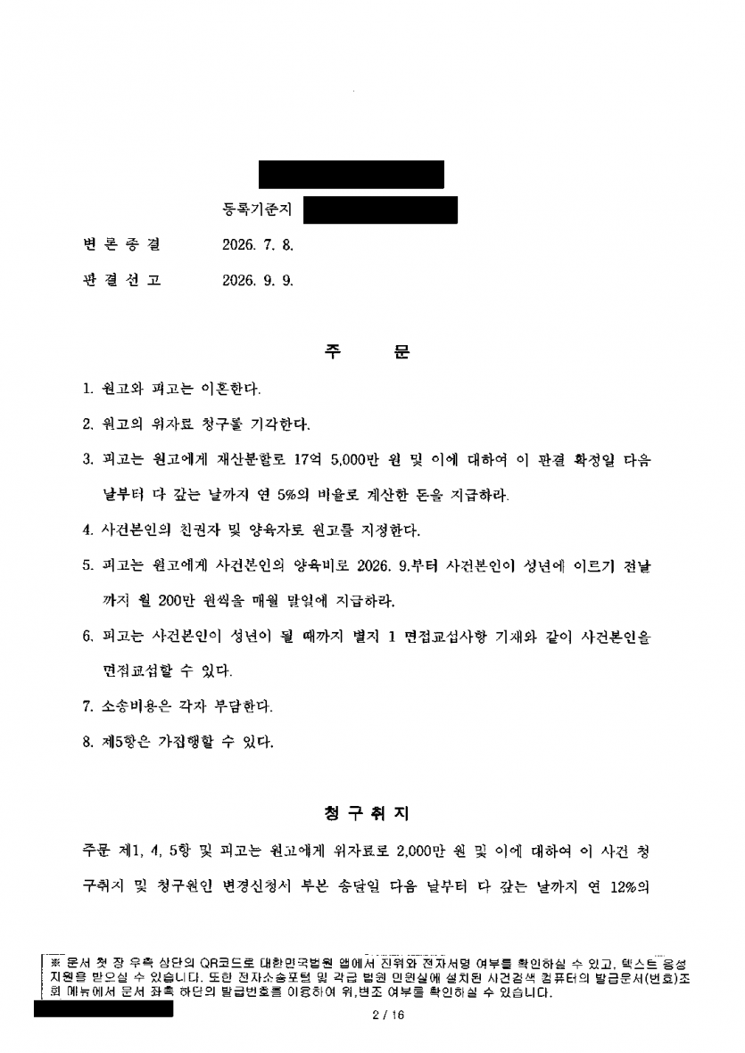 상대 재산 상당 부분이 부모에게 받은 것일 때 이혼 재산분할 — 분할금 17억 5,000만원·양육비 월 200만원 — 결과 문서(개인정보 가림)