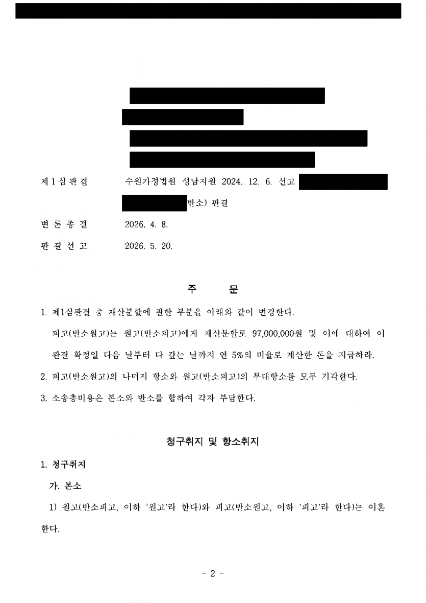 아내가 집을 나간 뒤 아이들을 키워 온 남편의 이혼 항소심 — 재산분할 1억 1,350만원을 9,700만원으로 줄여 — 결과 문서(개인정보 가림)