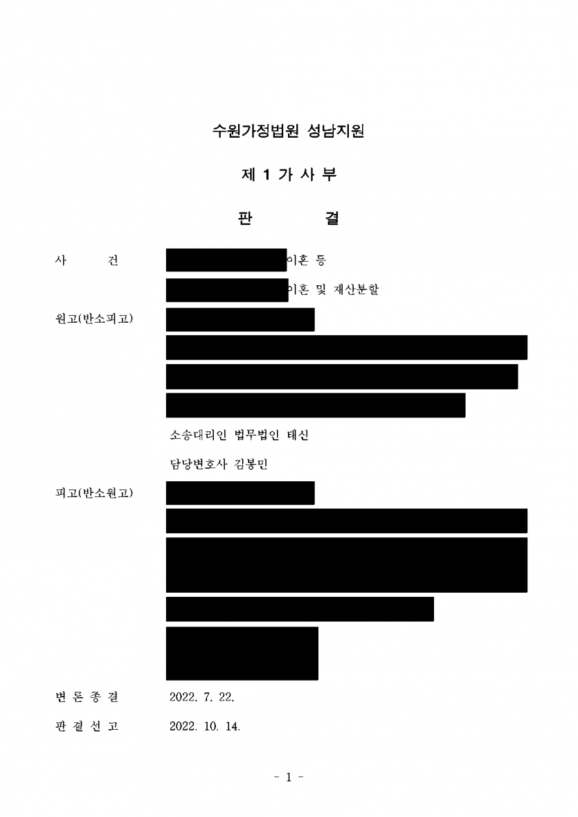 남편의 부정행위로 이혼소송을 냈더니 남편이 맞소송으로 재산분할금을 요구했다면 — 위자료 3,000만원·재산분할 70% — 결과 문서(개인정보 가림)