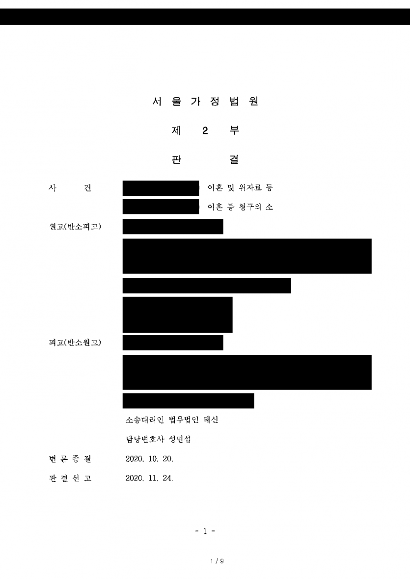 상대가 재산분할로 2억원을 청구한 짧은 결혼의 이혼 — 기여도 65% 인정받아 9,300만원으로 줄이고 위자료 기각 — 결과 문서(개인정보 가림)