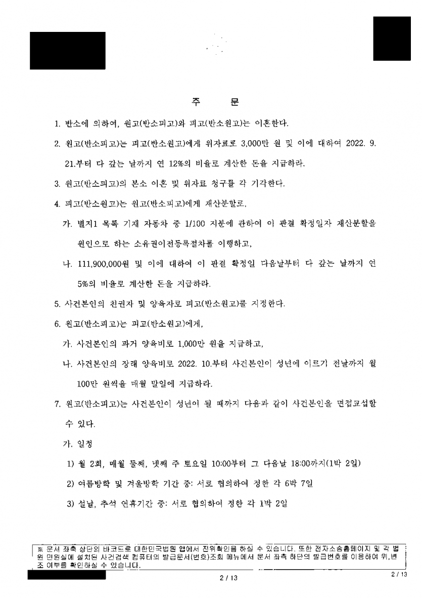 부정행위를 한 배우자가 먼저 이혼 소송을 냈다면 — 상대 청구 기각, 반소로 이혼·위자료 3,000만원·양육권 인정 — 결과 문서(개인정보 가림)