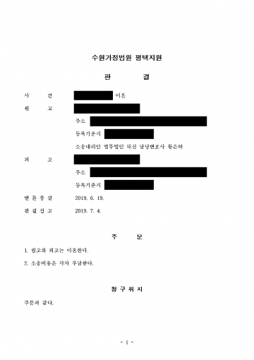 남편이 이혼을 거부하며 한집에 살고 있을 때 — 혼인을 계속하기 어려운 중대한 사유로 이혼 인정 결과 문서(개인정보 가림)