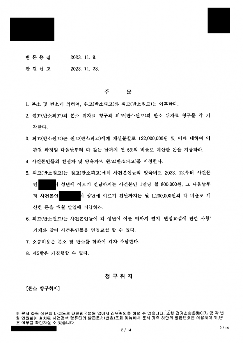 별거 뒤 두 아이를 키워 온 아내의 이혼소송 — 친권·양육권 확보, 재산분할 1억 2,200만원 — 결과 문서(개인정보 가림)
