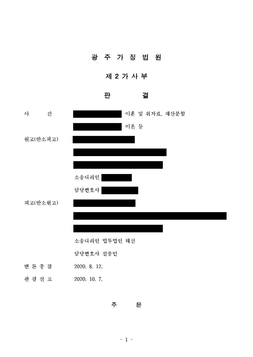 아내가 위자료 3천만원·재산분할 1억원을 청구했을 때 — 위자료 1천만원, 재산분할은 오히려 724만원 받은 판결 — 결과 문서(개인정보 가림)