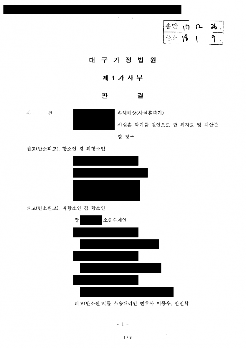 사실혼 재산분할 1심 판결에 상대가 항소했다면 — 항소심도 위자료 기각 유지, 재산분할 2,100만원 지켜 — 결과 문서(개인정보 가림)
