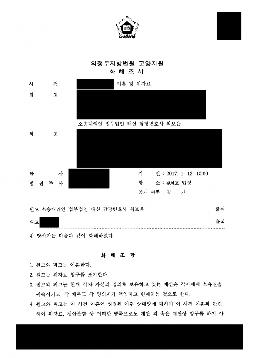 오랜 결혼 끝에 이혼만 깔끔하게 매듭짓고 싶을 때 — 변론기일 재판상 화해로 황혼이혼 성립 — 결과 문서(개인정보 가림)