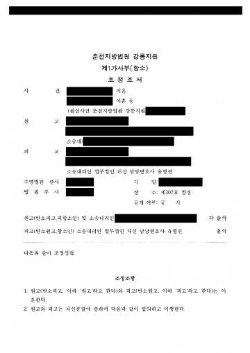 1심에서 이혼 판결을 받은 남편의 항소 — 아내 청구 1억 450만원 막고 재산분할 2,000만원 받은 조정 결과 문서(개인정보 가림)