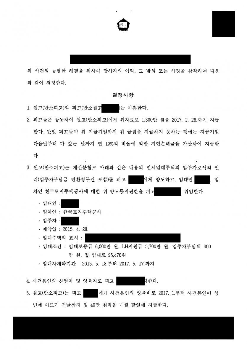 배우자 있는 사람과의 관계로 상간 위자료 소송을 당했다면 — 청구 3,000만원이 공동 1,300만원으로 — 결과 문서(개인정보 가림)