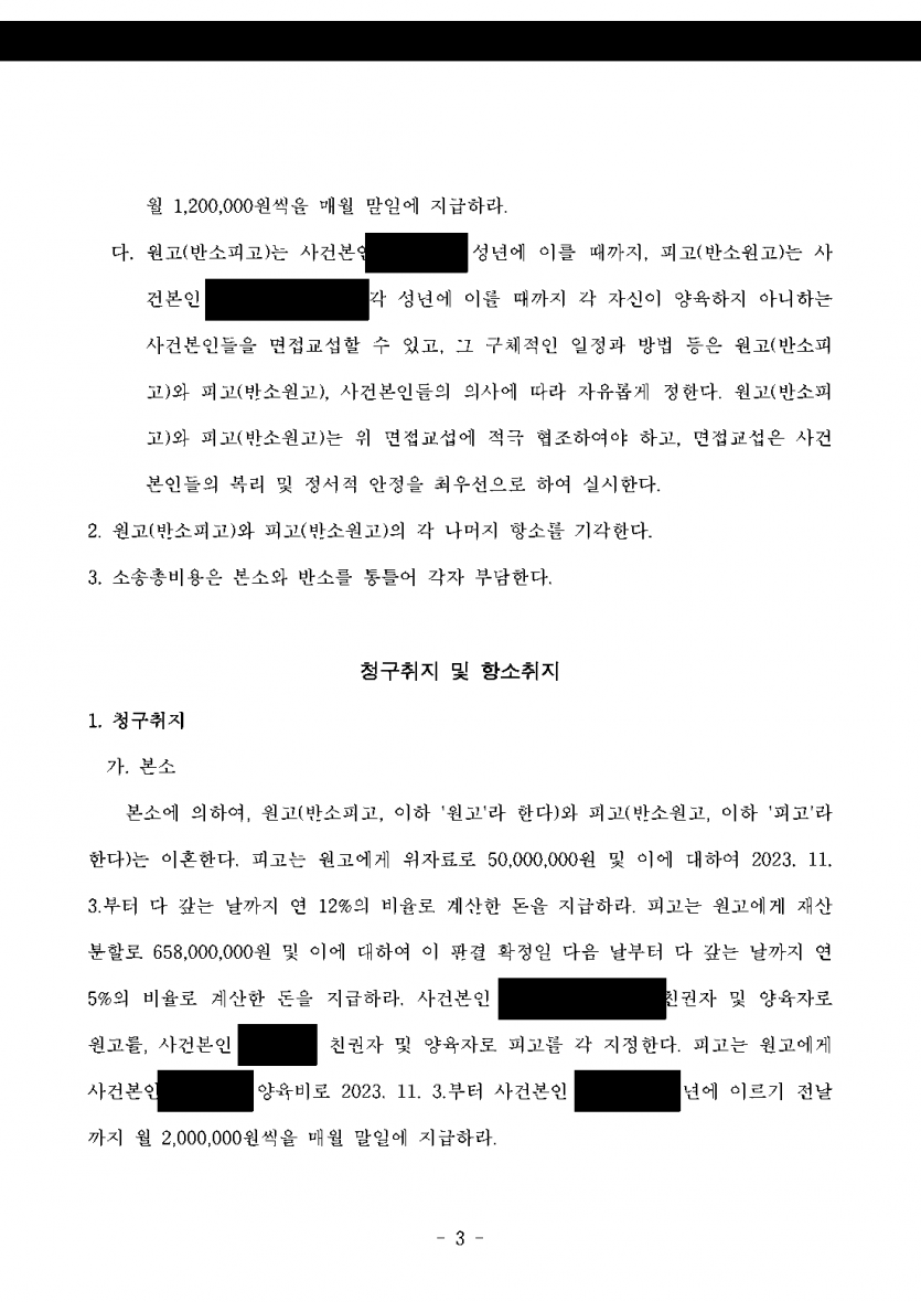 남편의 외도로 이혼을 청구했는데 남편이 맞소송을 냈다면 — 위자료 5,000만원 전액·재산분할 50% 항소심까지 유지 — 결과 문서(개인정보 가림)