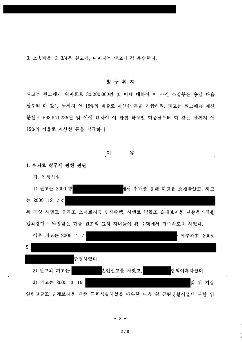 협의이혼 뒤에도 함께 살다 헤어지며 위자료·재산분할을 청구받았다면 — 위자료 기각, 기여도 75% 인정 — 결과 문서(개인정보 가림)