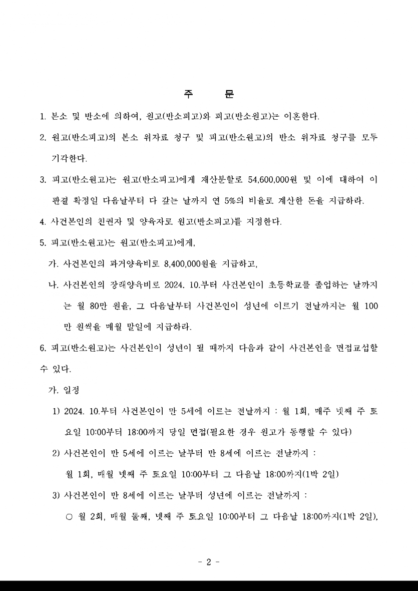 혼인 전 마련한 아파트가 있는 남편의 이혼소송 — 상대 위자료 3,000만원 막고 재산분할 5,460만원으로 감액 — 결과 문서(개인정보 가림)
