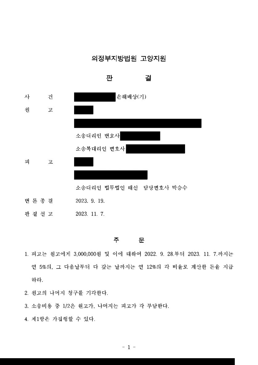 별거 중인 부부의 한쪽과 교제해 상간 소송을 당했다면 — 위자료 4천만원 청구가 300만원으로 — 결과 문서(개인정보 가림)
