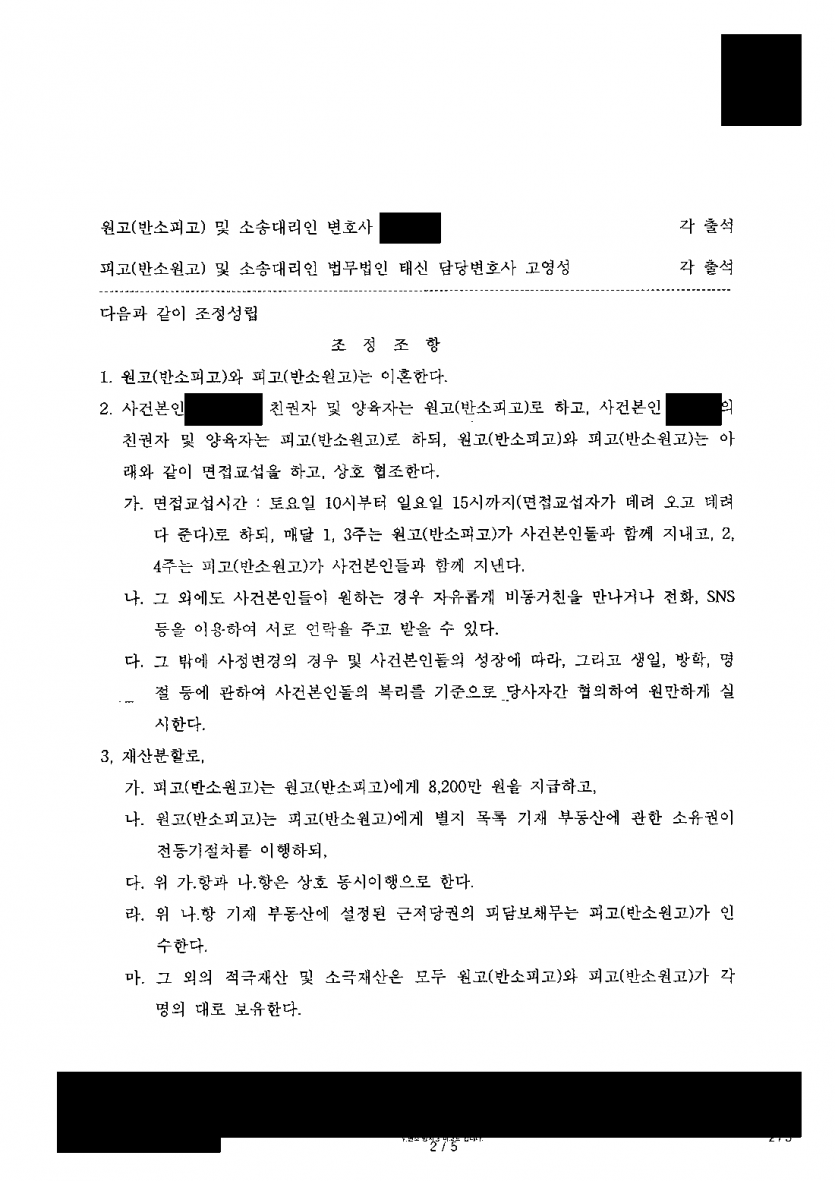 이혼하며 두 아이를 나눠 키우게 됐다면 — 아들 양육권과 아내 명의 아파트 확보, 위자료 청구는 0원 — 결과 문서(개인정보 가림)