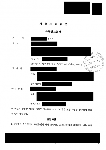 이혼 뒤 밀린 양육비, 지난 몫까지 받을 수 있을까 — 과거양육비 6,000만원 전액·장래 양육비 월 80만원 인정 결과 문서(개인정보 가림)