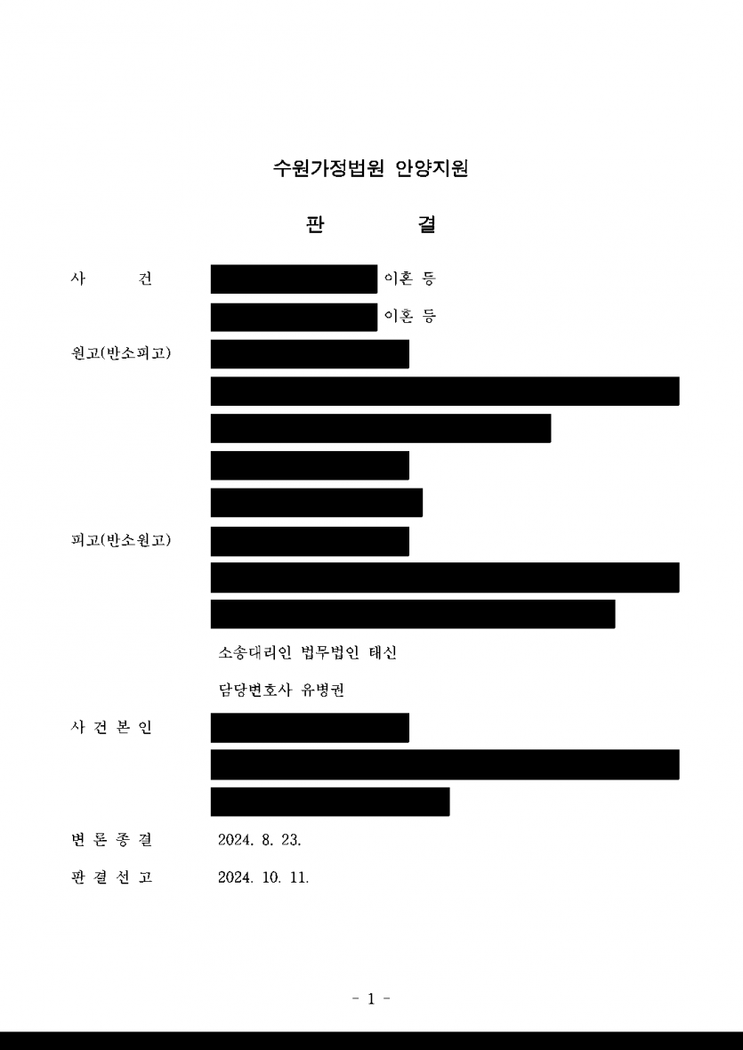 혼인 전 마련한 아파트가 있는 남편의 이혼소송 — 상대 위자료 3,000만원 막고 재산분할 5,460만원으로 감액 — 결과 문서(개인정보 가림)