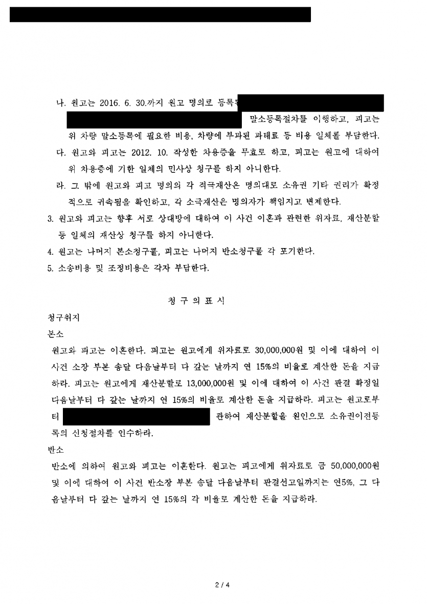 아내가 이혼과 함께 위자료·재산분할 4,300만원을 청구했을 때 — 반소로 맞서 금전 지급 없이 조정 — 결과 문서(개인정보 가림)