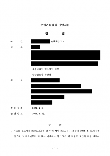 아내의 외도 상대가 유부녀인 줄 몰랐다고 버틴다면 — 상간자 위자료 2,500만원 인정 판결 결과 문서(개인정보 가림)