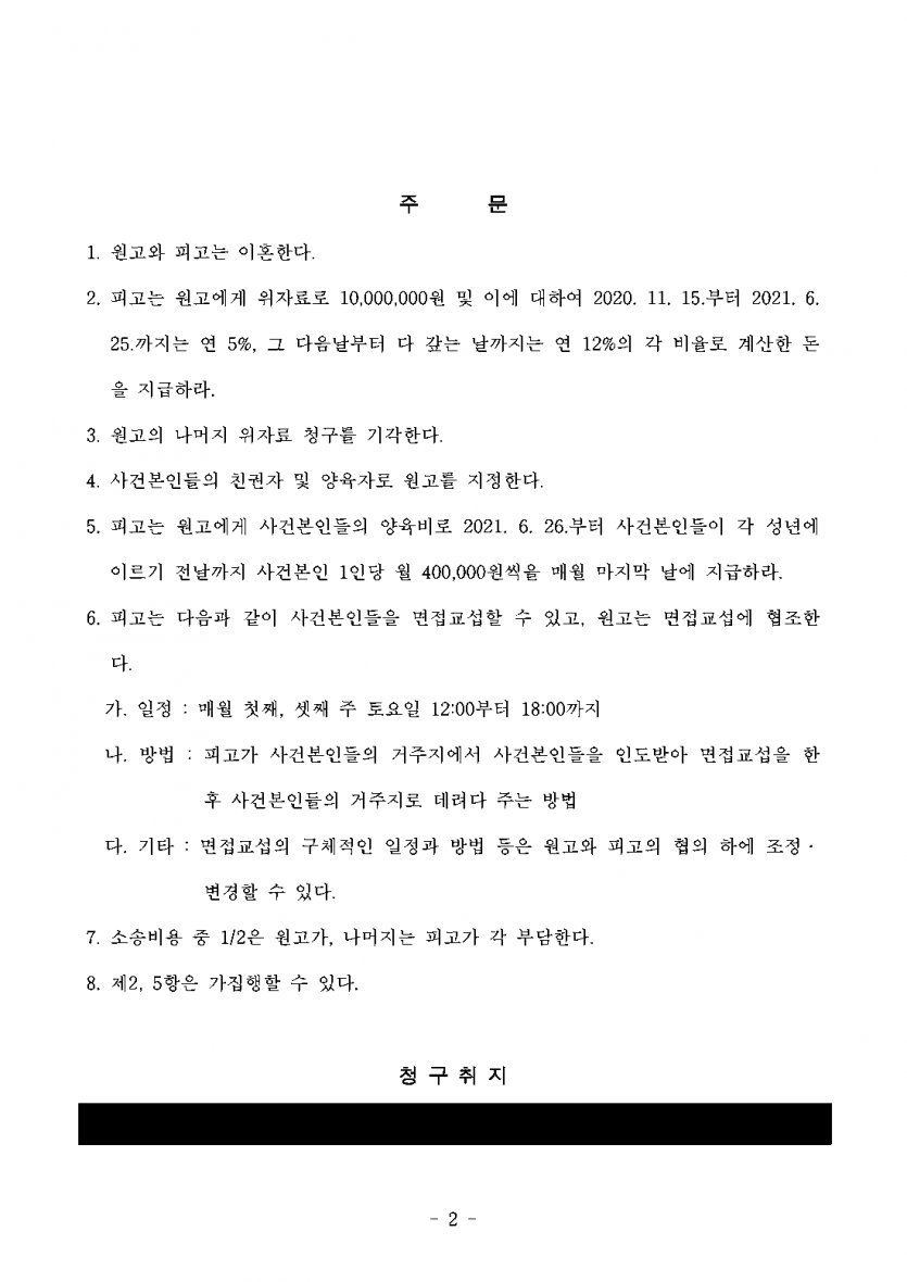 남편이 투자 자금 대출을 거듭 독촉했다면 — 이혼·위자료 1,000만원과 두 자녀 친권·양육권 확보 — 결과 문서(개인정보 가림)