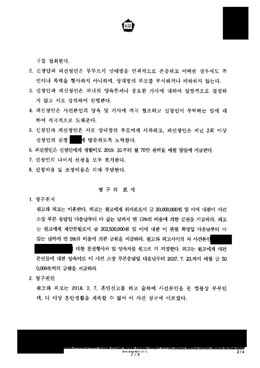 아내가 이혼과 재산분할 2억여원을 청구했지만 가정을 지키고 싶을 때 — 조정으로 이혼청구 철회, 혼인 유지 — 결과 문서(개인정보 가림)