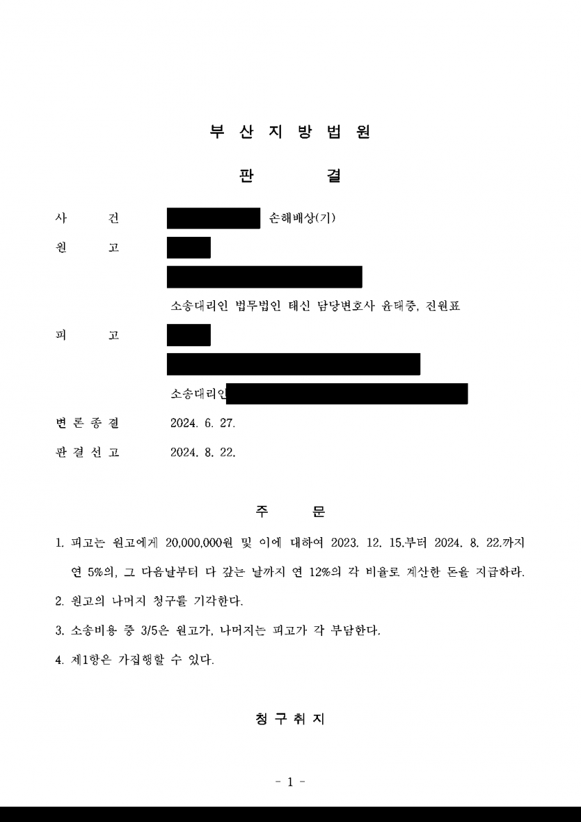 아내의 사과는 받아들였지만 상대 남성에게는 책임을 묻고 싶을 때 — 상간남 위자료 2,000만원 인정 — 결과 문서(개인정보 가림)