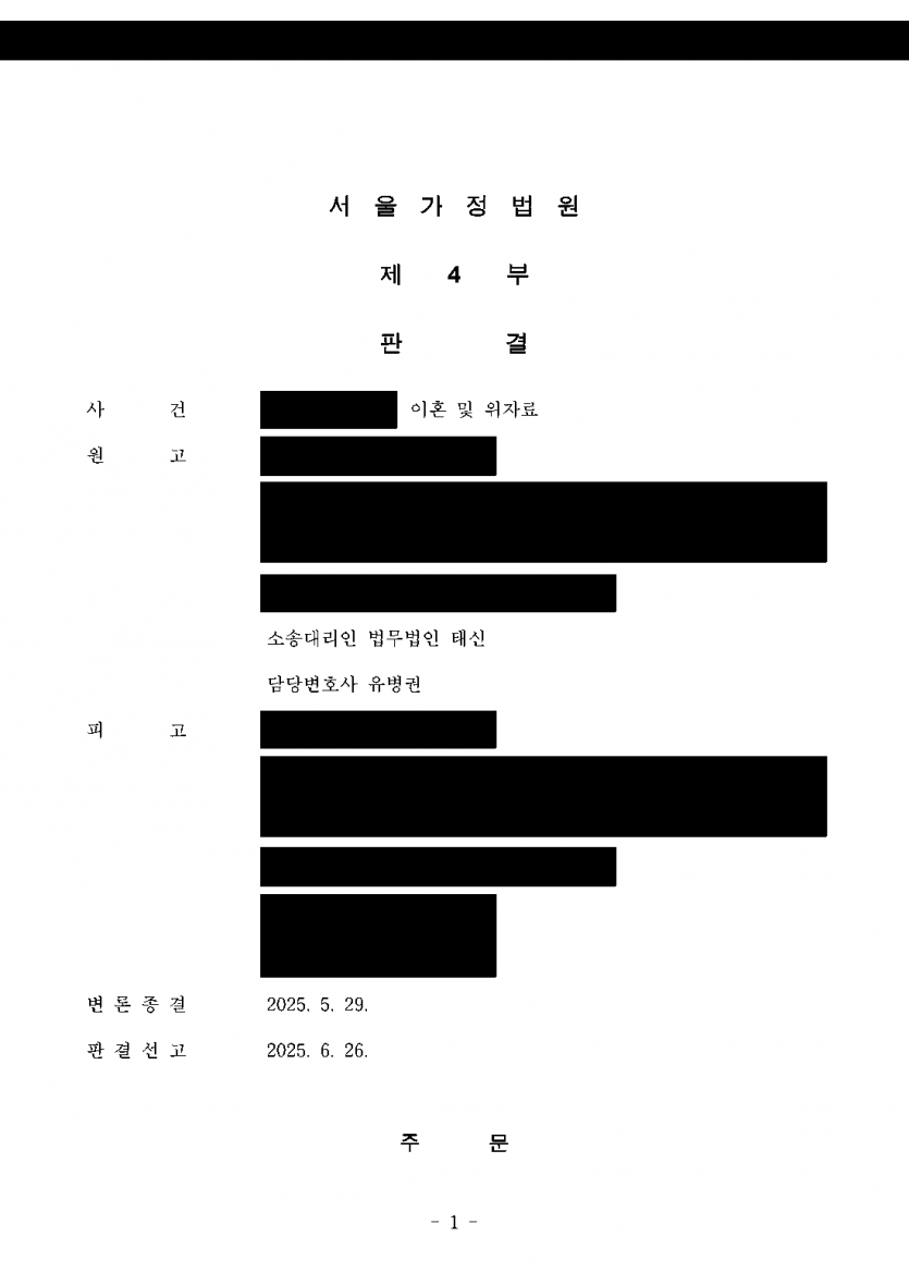 아내의 외도를 알게 됐는데 「이미 이혼하기로 했다」고 맞선다면 — 파탄 주장 배척, 위자료 2,000만원 인정 — 결과 문서(개인정보 가림)