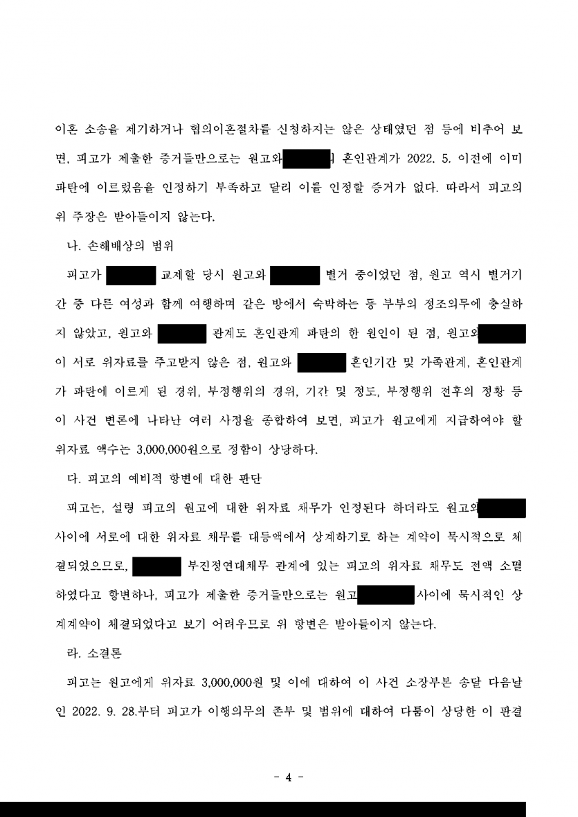 별거 중인 부부의 한쪽과 교제해 상간 소송을 당했다면 — 위자료 4천만원 청구가 300만원으로 — 결과 문서(개인정보 가림)