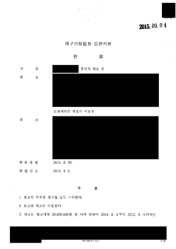 남편이 집에 들어오지 않다가 연락을 끊었을 때 — 혼인취소는 기각됐지만 예비적 청구로 이혼·위자료 2천만원 결과 문서(개인정보 가림)