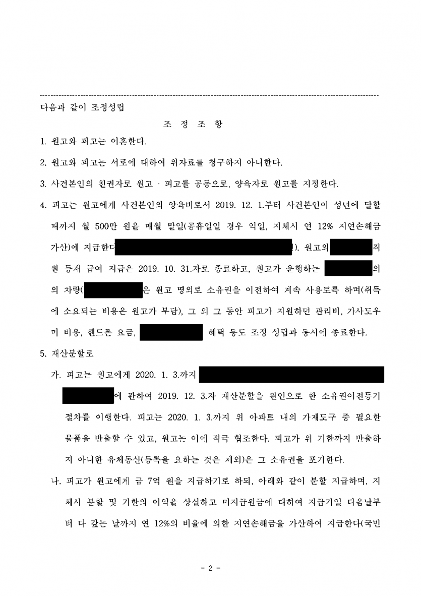 남편이 이혼을 거부하며 파탄 책임을 내게 돌릴 때 — 조정으로 이혼하고 아파트와 현금 7억원 재산분할 — 결과 문서(개인정보 가림)