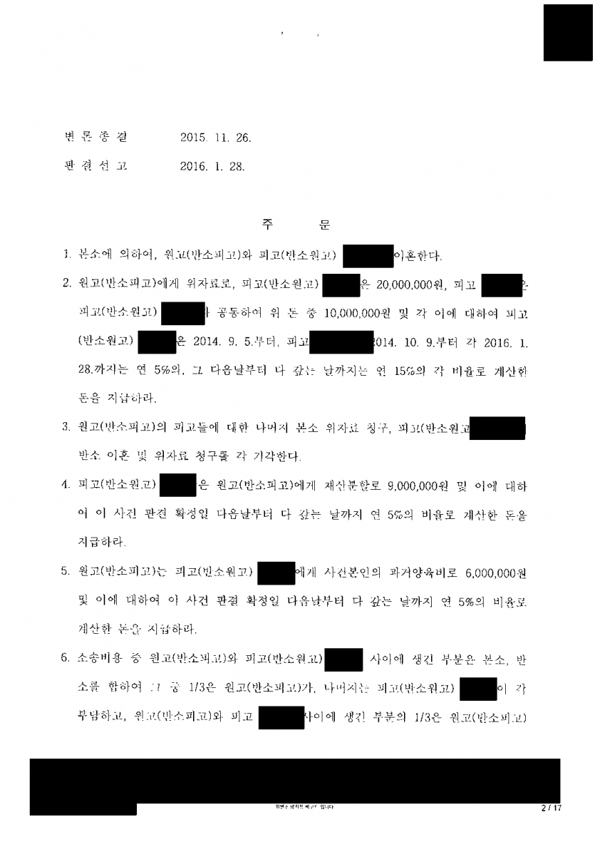 부정행위를 이유로 위자료 6,000만원을 청구받았을 때 — 위자료 2,000만원·재산분할 900만원으로 줄인 판결 — 결과 문서(개인정보 가림)