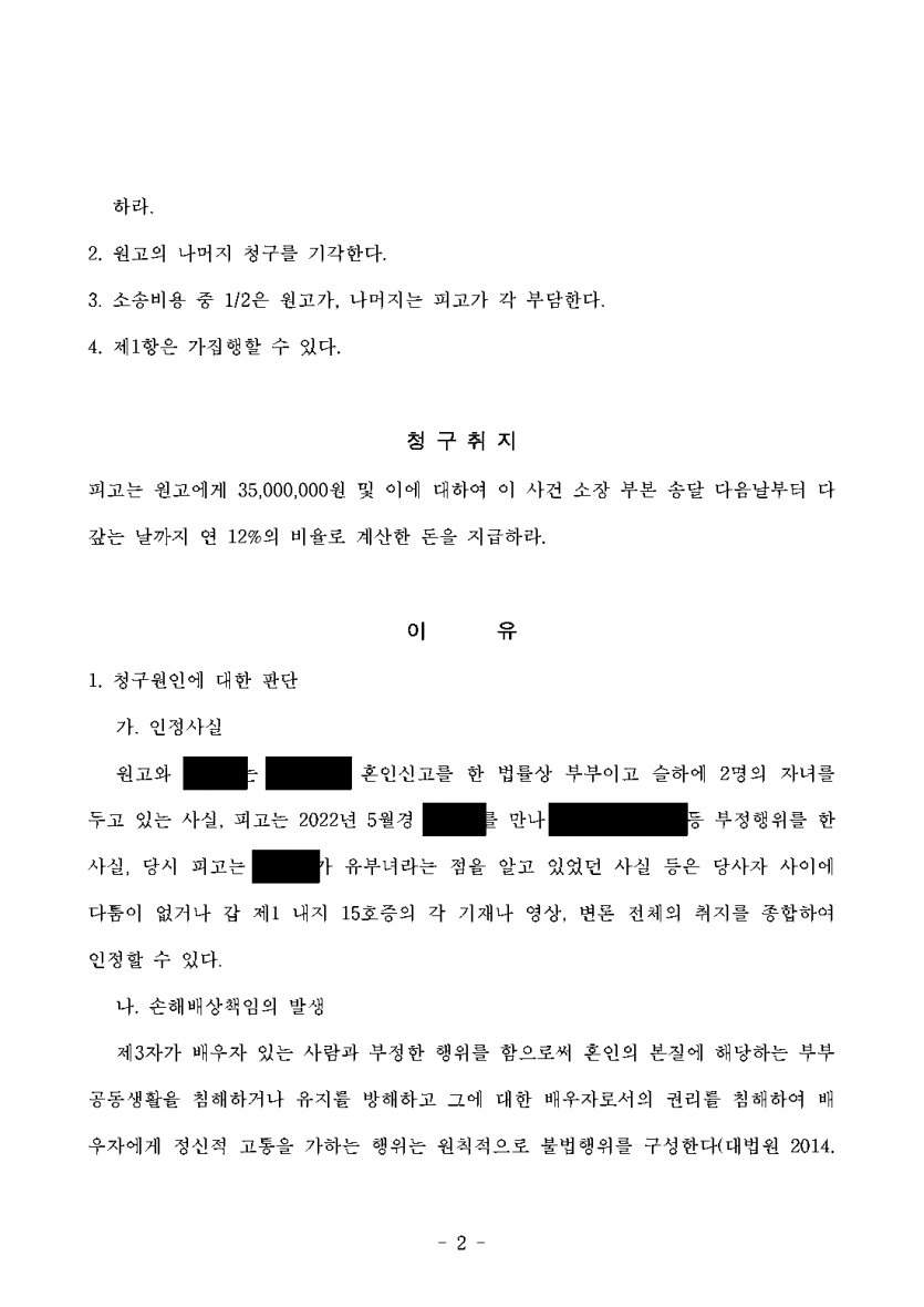 상간 위자료 3,500만원 청구, 한 번의 만남이었다면 — 400만원만 인정되고 나머지 청구 기각 — 결과 문서(개인정보 가림)