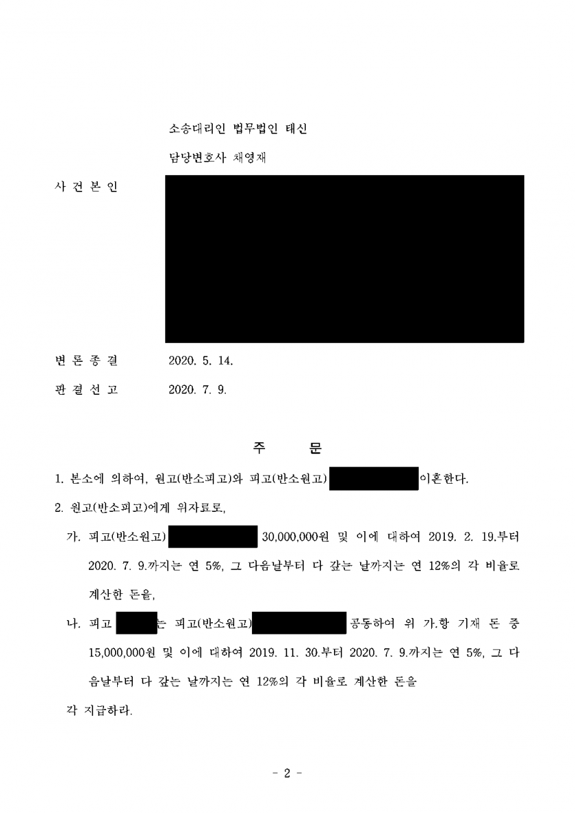 교제한 여성의 이혼소송에 상간남으로 함께 피소됐을 때 — 위자료 청구 3,100만원을 1,500만원으로 감액 — 결과 문서(개인정보 가림)