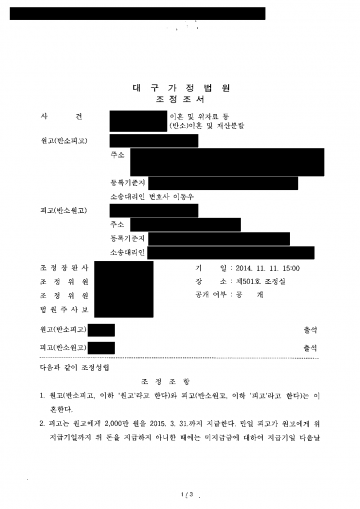 이혼 소송을 냈더니 배우자가 재산분할 1억원 반소를 냈을 때 — 조정으로 반소 막고 2,000만원 수령 결과 문서(개인정보 가림)