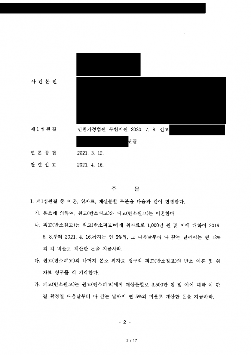 남편이 오히려 내 탓이라며 이혼 맞소송을 냈다면 — 항소심에서 남편 책임 인정, 위자료·재산분할 받아 낸 판결 — 결과 문서(개인정보 가림)
