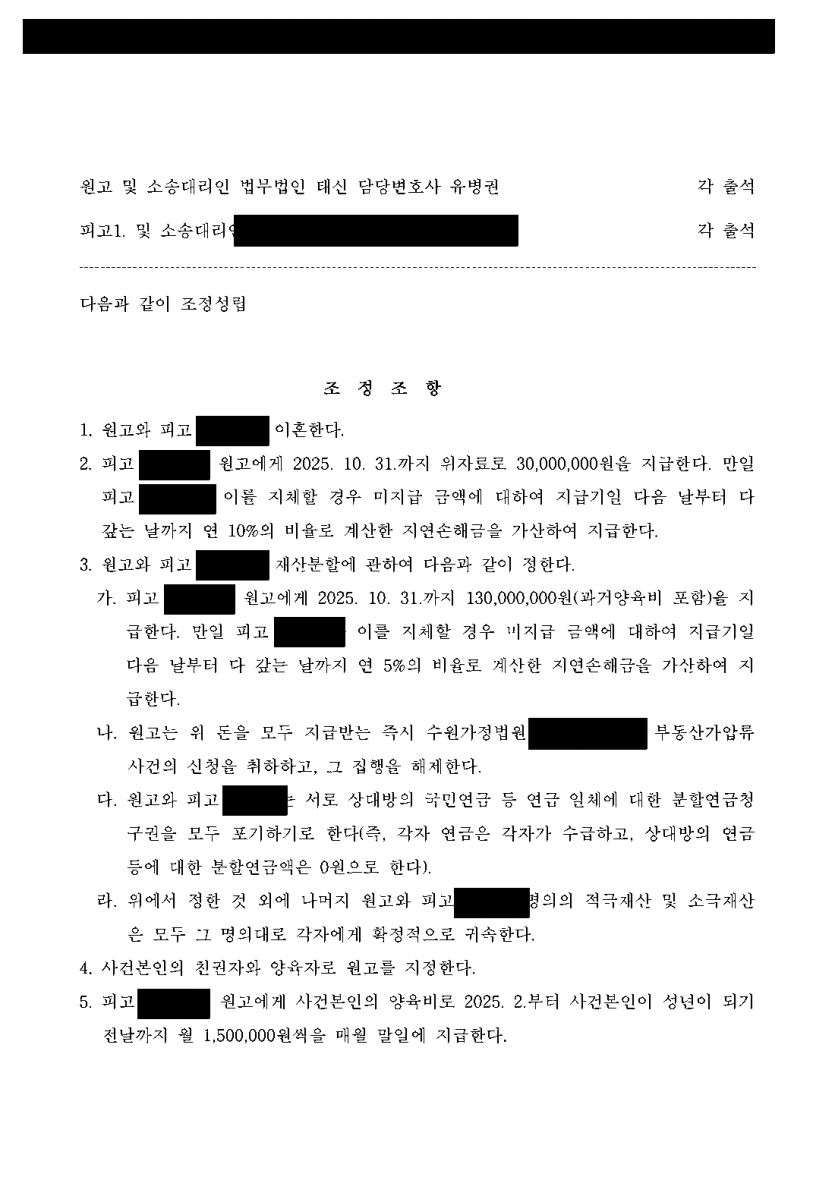 남편의 외도로 이혼하며 상대 여성도 함께 소송할 때 — 위자료 3,000만원·재산분할 1.3억원·양육권 조정 — 결과 문서(개인정보 가림)