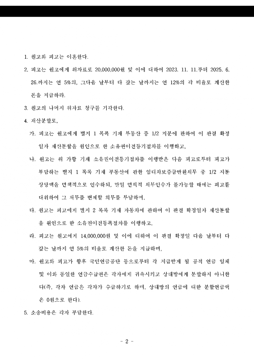 아내의 외도를 알게 됐는데 「이미 이혼하기로 했다」고 맞선다면 — 파탄 주장 배척, 위자료 2,000만원 인정 — 결과 문서(개인정보 가림)