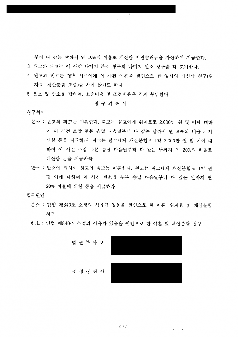 이혼 소송을 냈더니 배우자가 재산분할 1억원 반소를 냈을 때 — 조정으로 반소 막고 2,000만원 수령 — 결과 문서(개인정보 가림)