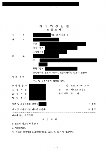 아내가 위자료와 재산분할 1억여원을 청구하며 집에 가압류까지 했을 때 — 위자료 없이 조정으로 정리 결과 문서(개인정보 가림)