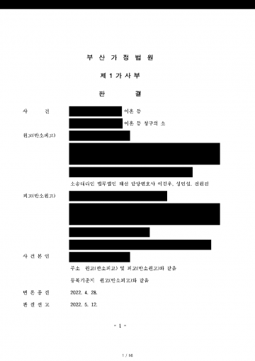 아내와 맞소송 중 재산분할로 2억여원을 요구받았다면 — 재산분할 남편 90% 인정, 위자료 기각·친권·양육권 확보 결과 문서(개인정보 가림)