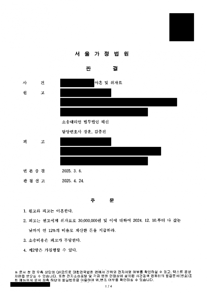 배우자가 집을 나가 30년 넘게 따로 산다면, 이혼과 위자료 받을 수 있을까 — 이혼·위자료 3,000만원 전부 인용 — 결과 문서(개인정보 가림)