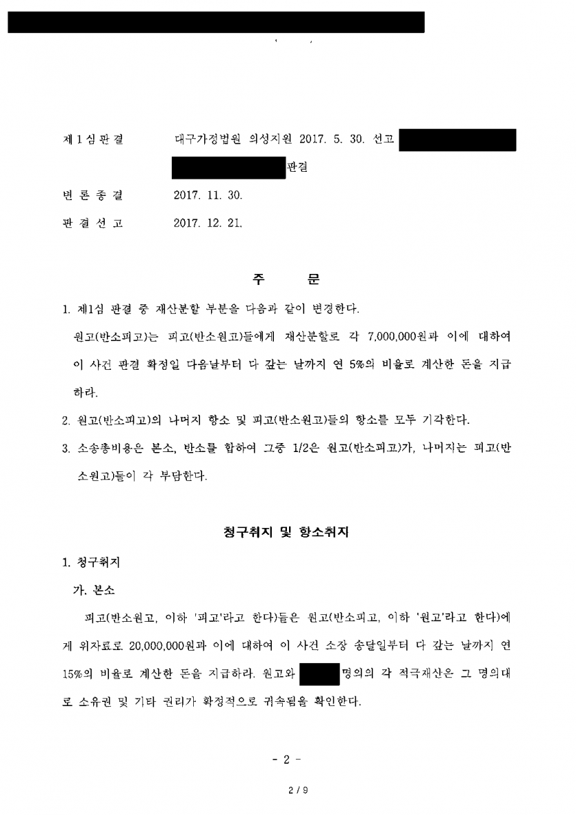 사실혼 소송 중 아버지가 돌아가셨다면 자녀가 이어받을 수 있을까 — 위자료 2,000만원 기각·재산분할 인정 — 결과 문서(개인정보 가림)