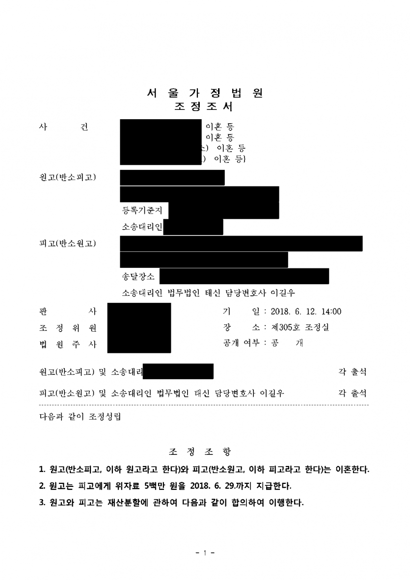아내가 이혼 소송에서 내 잘못이라며 위자료를 청구했을 때 — 반소로 오히려 위자료 500만원, 재산분할과 상계 — 결과 문서(개인정보 가림)