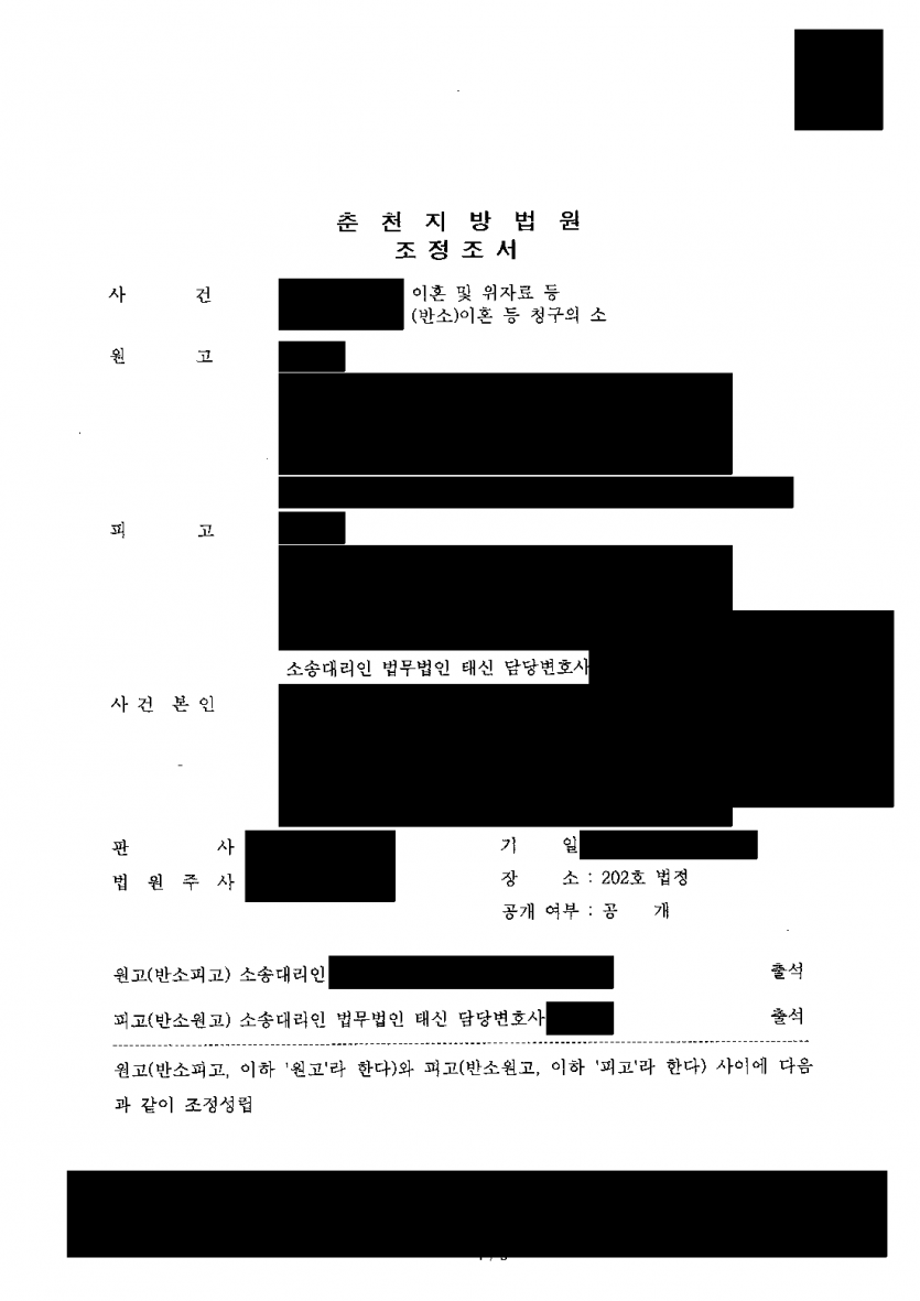 남편이 이혼소송을 내며 위자료와 양육권을 요구했다면 — 반소 조정으로 재산분할 1억 4,000만원·친권·양육권 확보 — 결과 문서(개인정보 가림)