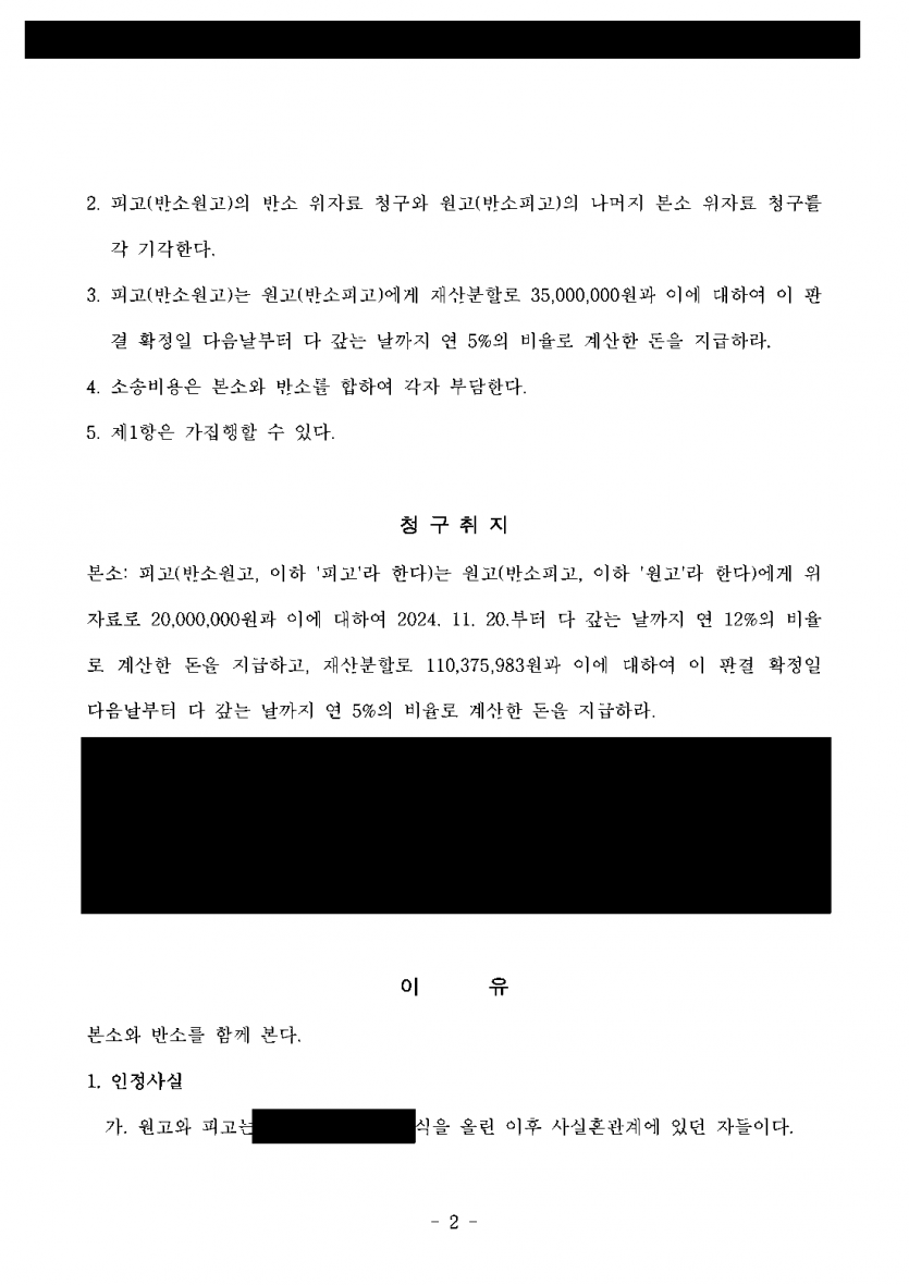 사실혼이 깨진 뒤 재산분할 1억 1,037만원 청구를 받았다면 — 분할 비율 65% 인정, 3,500만원으로 감액 — 결과 문서(개인정보 가림)