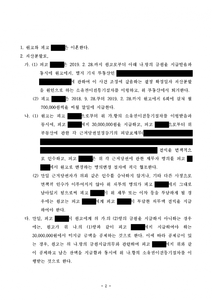 30년 넘은 혼인, 남편이 이혼을 다툰다면 — 재산분할로 사는 아파트와 퇴직연금 분할연금 확보 — 결과 문서(개인정보 가림)